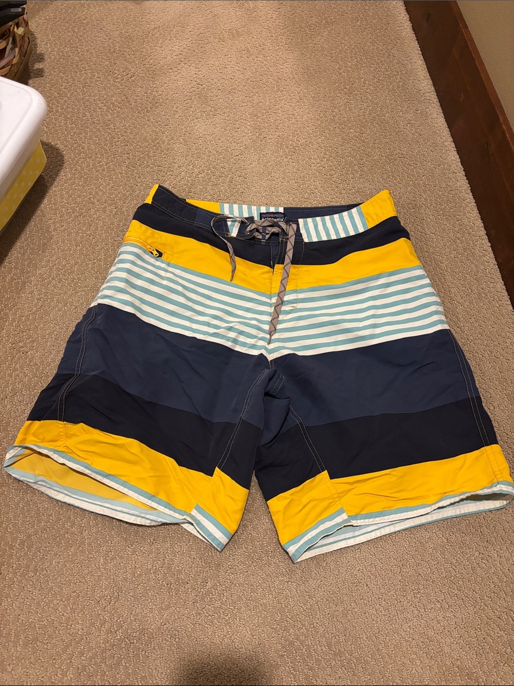 Patagonia Yellow, Navy & Light Blue Striped Swim Shorts